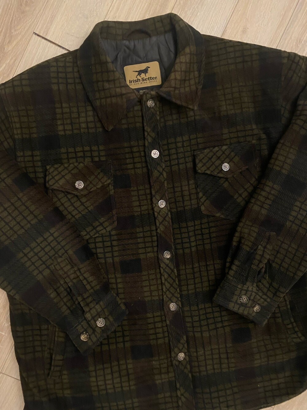 Irish Setter Deep Camp Field Coat Green Flannel Quilted Heavy Red Wing Shoes 2XL
